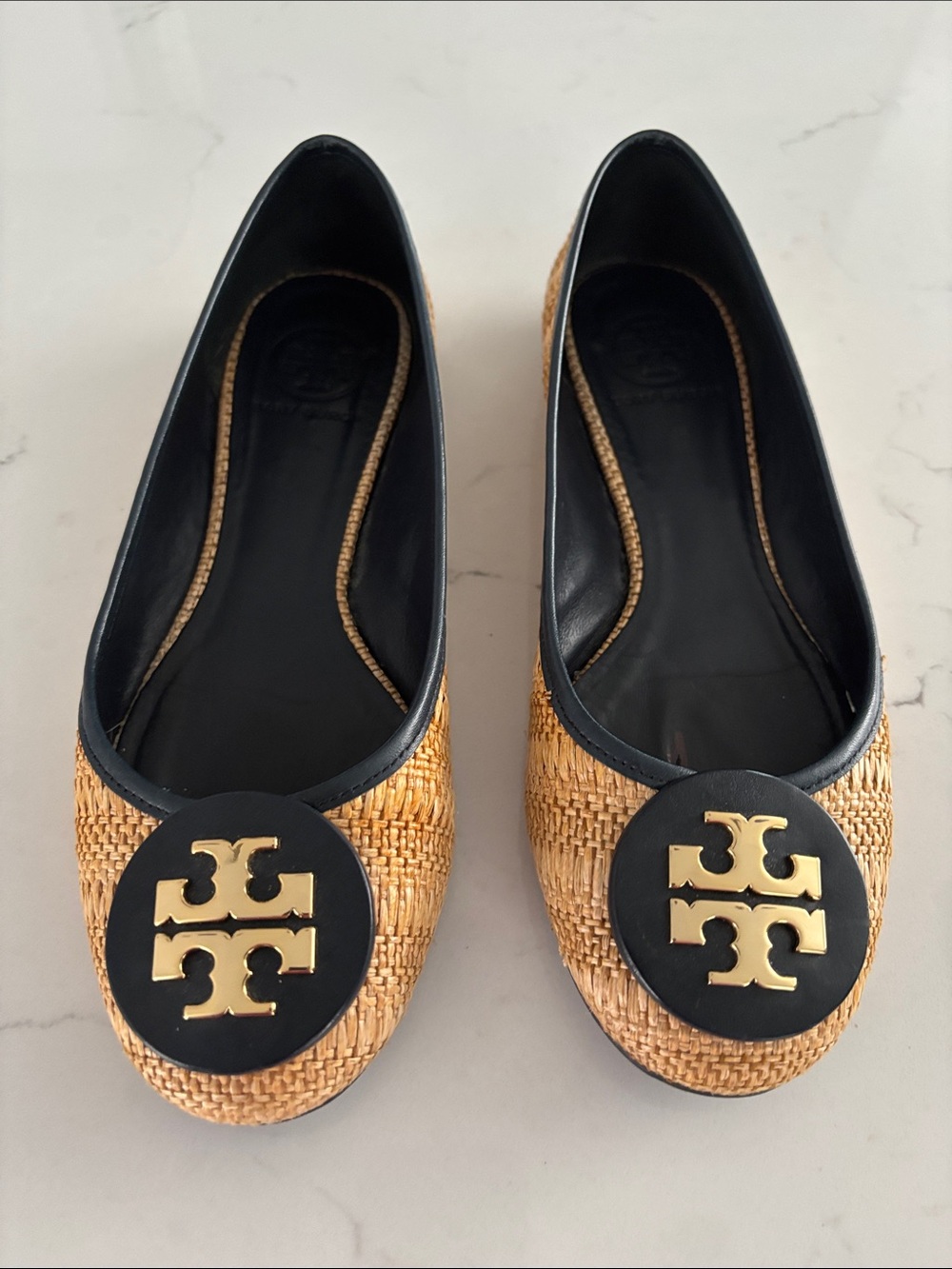 Tory Burch Tan Woven Flats with Black Leather Trim and Gold Logo, size 9